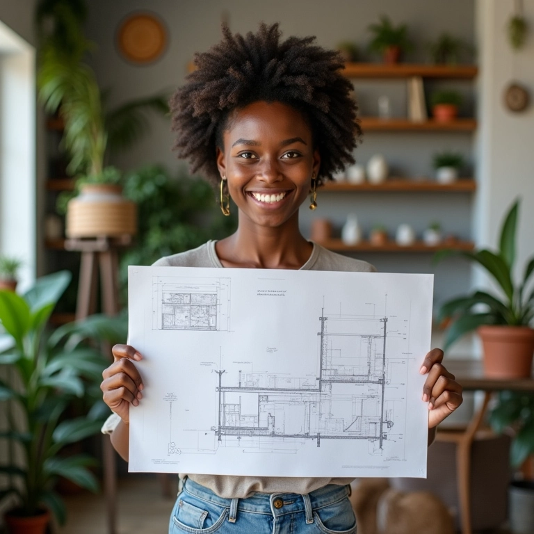 Arquiteta sorrindo em casa decorada com reciclados, segurando planta.