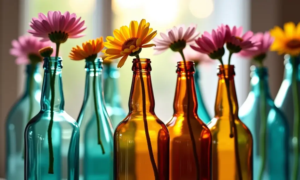 Decorar com garrafas de vidro: 50 ideias Arranjo artístico com garrafas de vidro coloridas e flores, mostrando a beleza da reutilização.