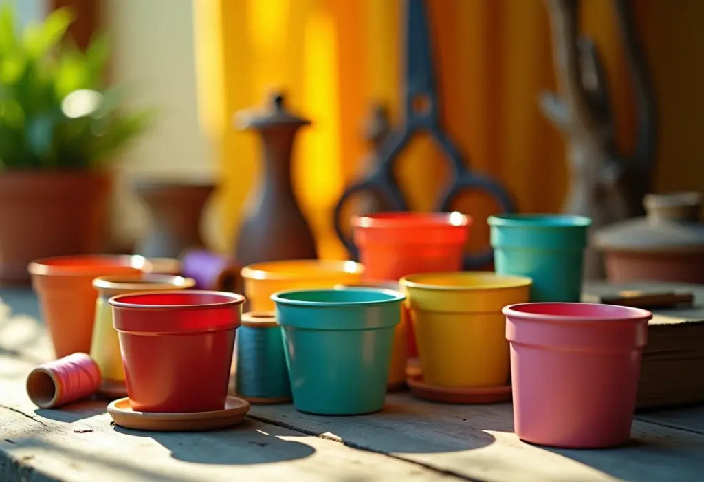 Arranjo criativo com potes de plástico para artesanato