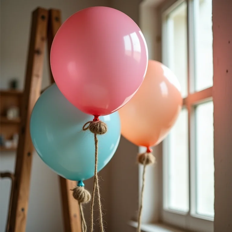Arranjo de balões pastel com barbante de juta