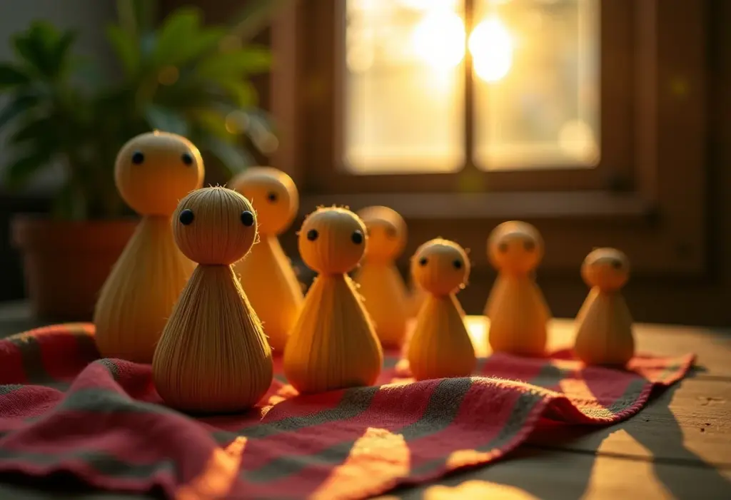 Arranjo de bonecas de palha de milho em mesa de madeira rústica com tecido chita.