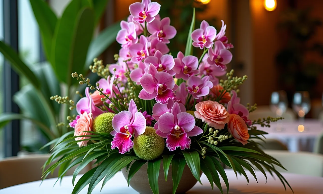 Arranjo de flores alto e imponente com orquídeas e folhagens tropicais para festa.