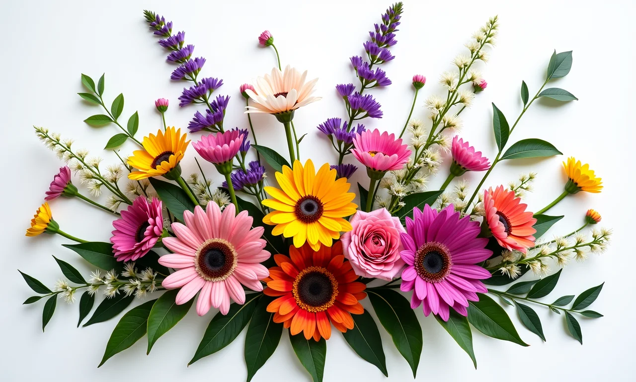 Arranjo de flores assimétrico e desconstruído com flores silvestres e folhagens.
