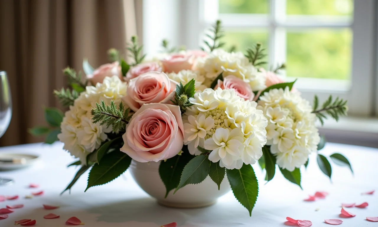 Arranjo de flores baixo e centralizado com rosas e hortênsias em tons pastel.