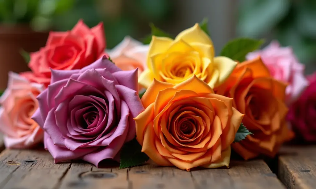 Flores de cetim: o guia para criar peças perfeitas Arranjo de flores de cetim coloridas sobre mesa de madeira.