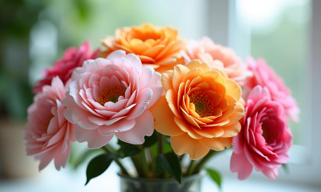 Arranjo de flores decorativas feitas de EVA em um vaso.