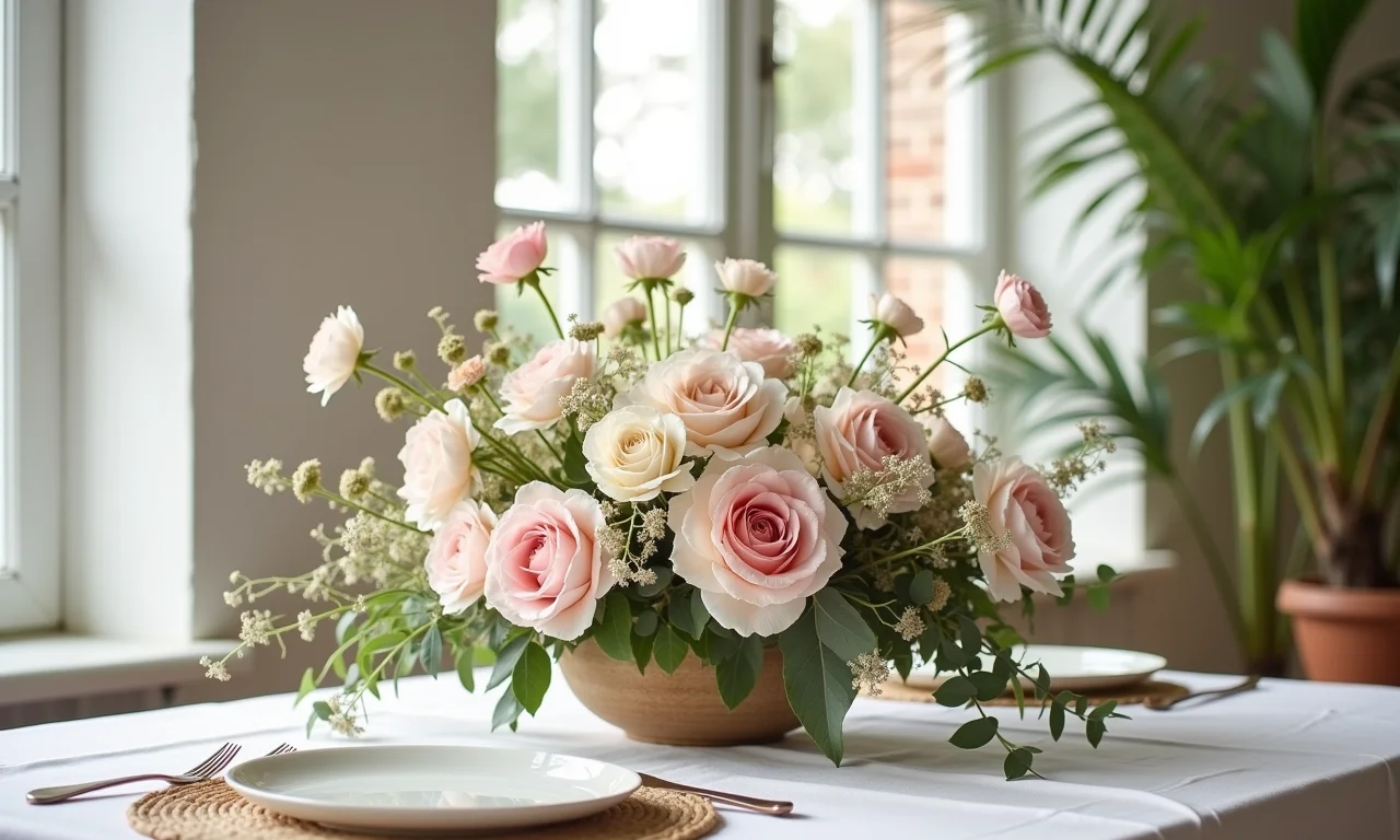 Arranjo de flores em tons neutros e pastel (creme, rosa blush) sobre a mesa.