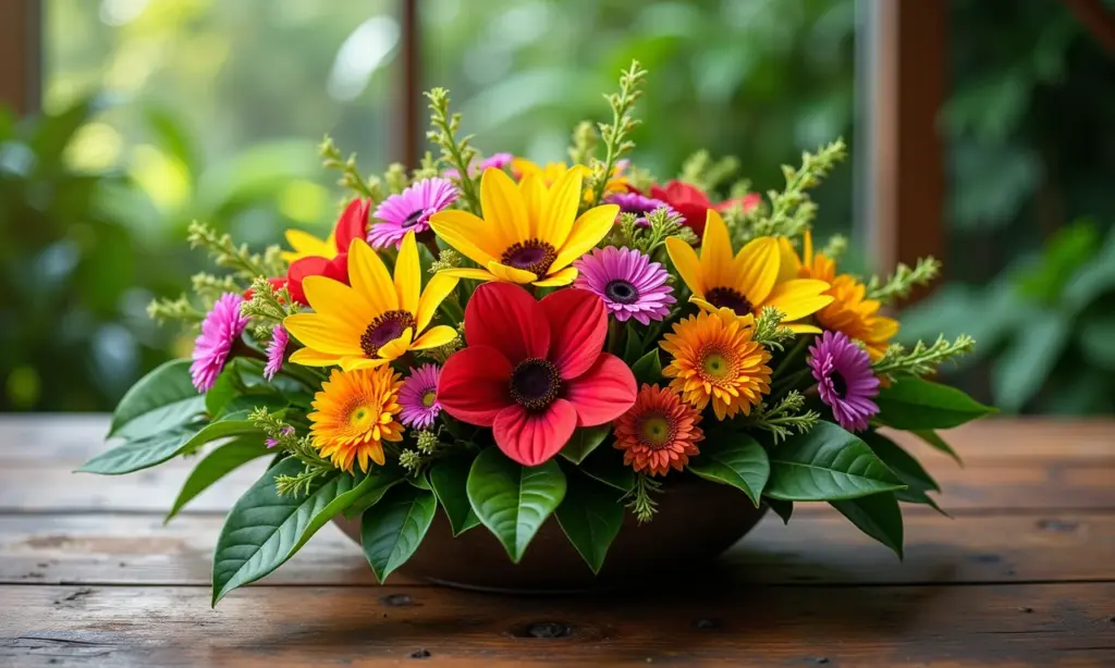 Arranjo de flores exuberante em mesa rústica, estilo brasileiro vibrante.