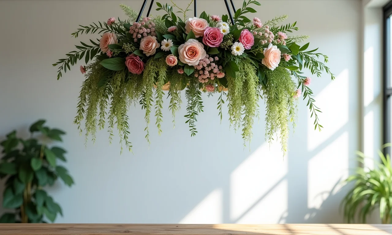 Arranjo de flores suspenso com glicínias e folhagens penduradas sobre a mesa.