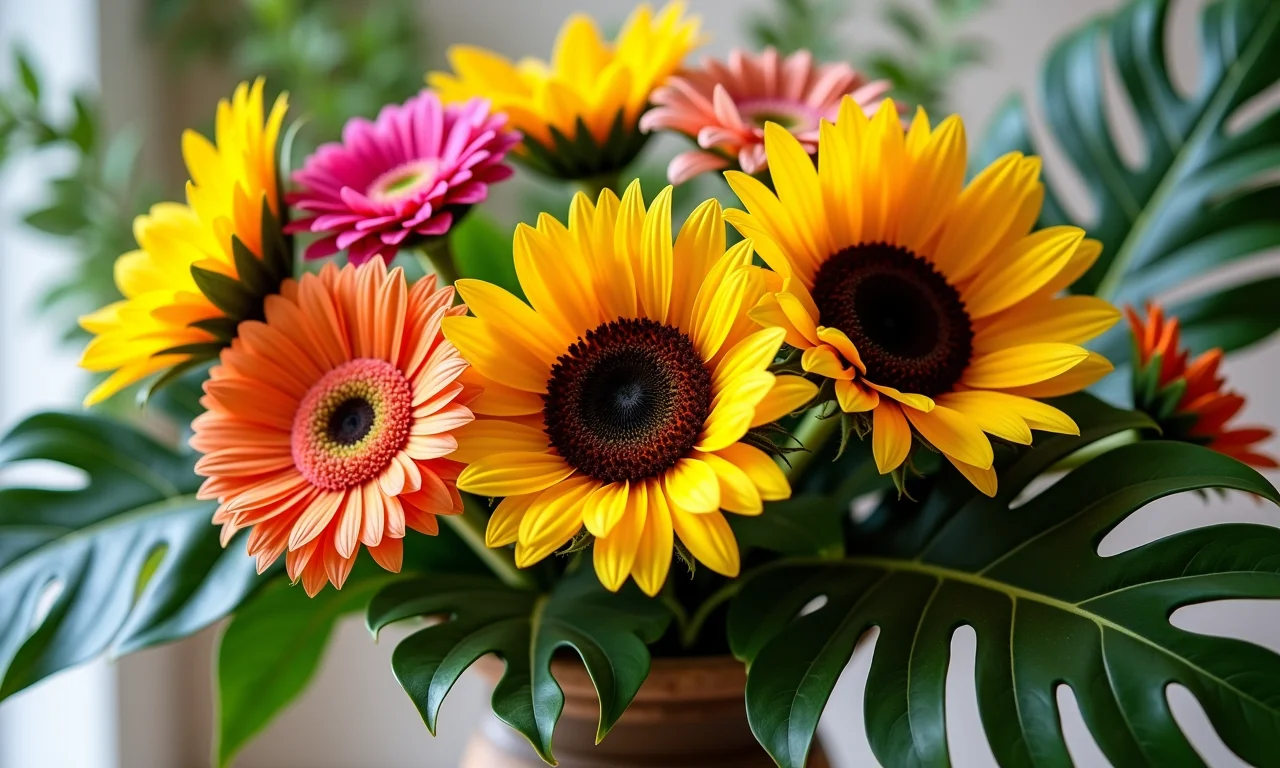 Arranjo de flores vibrante e alegre com girassóis, gérberas e folhagens tropicais.