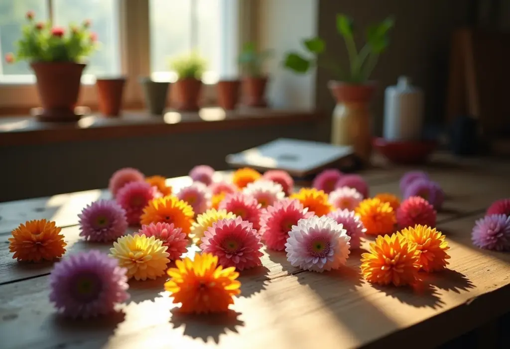 Arranjo de fuxicos coloridos em mesa de madeira rústica