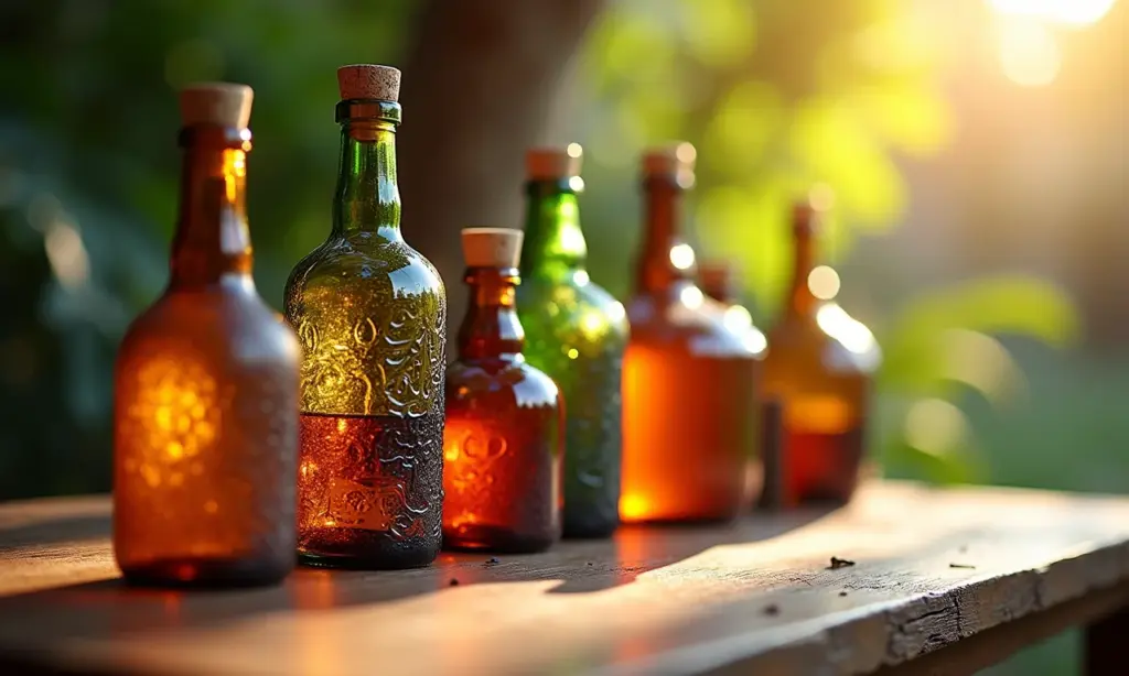 Garrafas artesanais: ideias de decoração Arranjo de garrafas artesanais decorativas em mesa de madeira rústica.