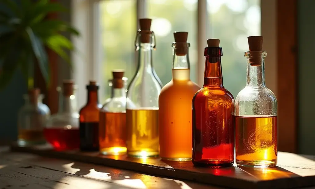 Arranjo de garrafas de vidro artesanais em mesa de madeira rústica.