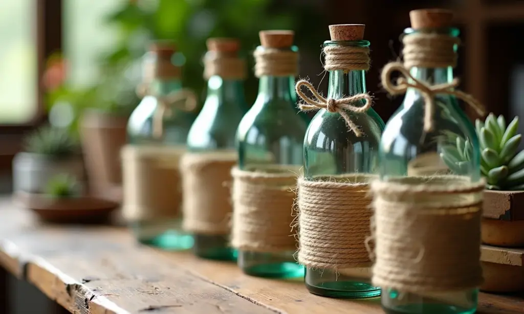 Garrafas de vidro decorada: ideias com barbante Arranjo de garrafas de vidro decoradas com barbante em mesa de madeira rústica.