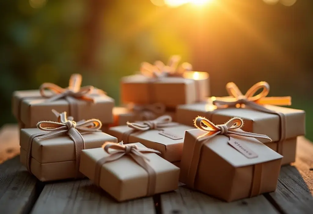 Arranjo de lembrancinhas de casamento artesanais em mesa de madeira rústica