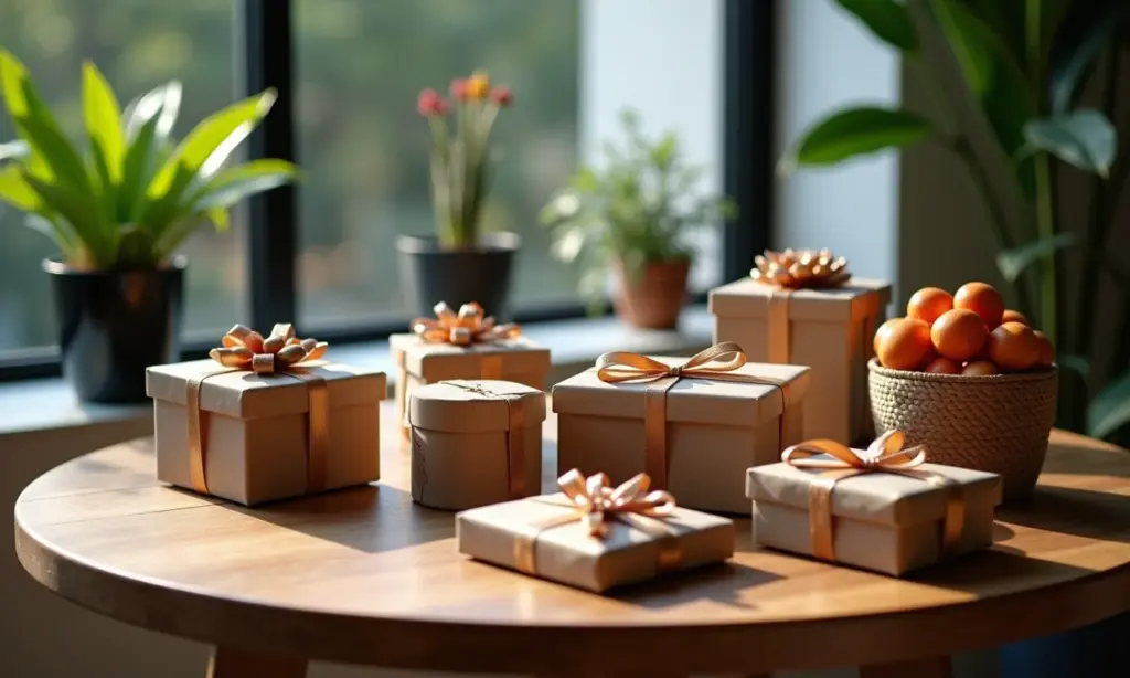 Lembrancinha corporativa: Ideias para empresas Arranjo elegante de lembrancinhas corporativas em mesa de madeira.