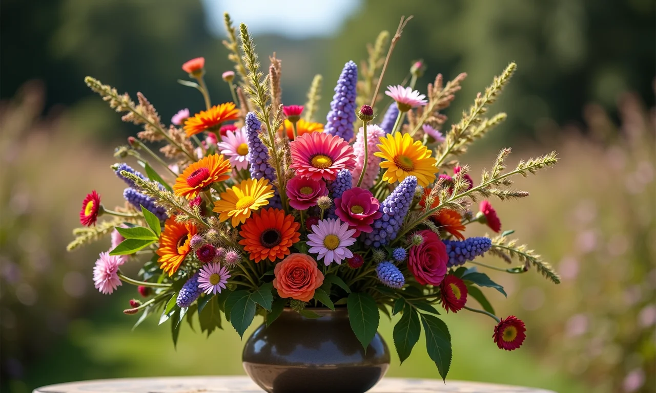 Arranjo vibrante de flores do campo em casamento rústico, cores alegres e iluminação natural.