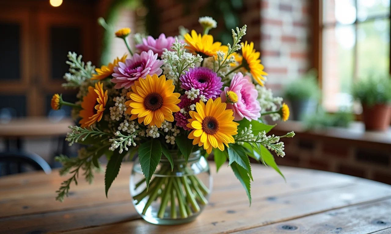 Arranjos de flores do campo em casamento rústico.