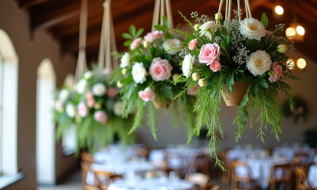 Arranjos florais suspensos em casamento rústico, decoração original com folhagens verdes.