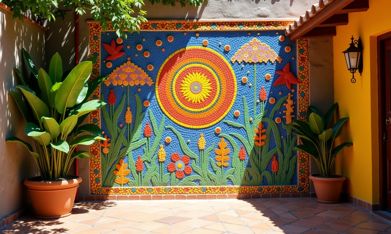 Arte em mosaico vibrante adornando uma parede em um pátio brasileiro ensolarado.