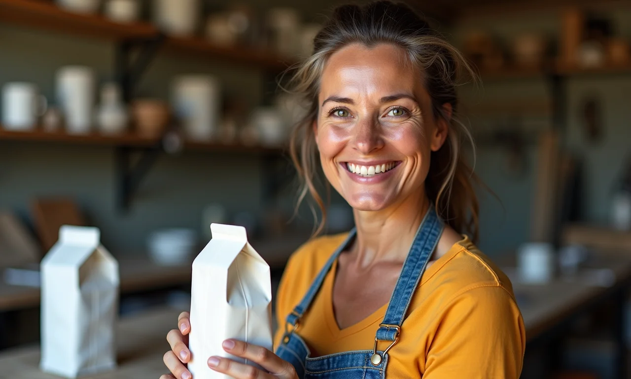 Artesã brasileira sorrindo com bolsa de caixa de leite pronta.