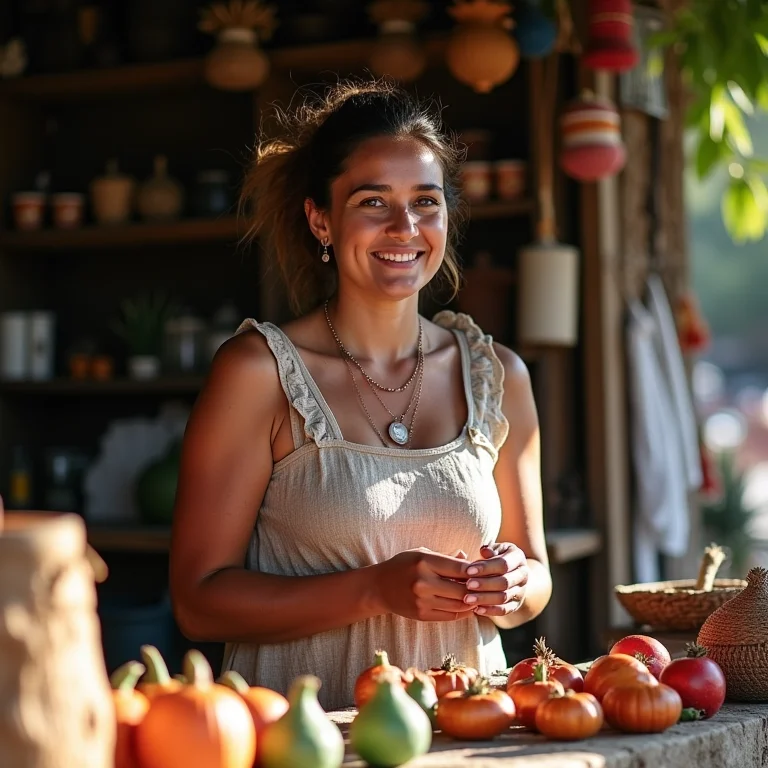 Artesã brasileira vendendo peças de fuxico em feira
