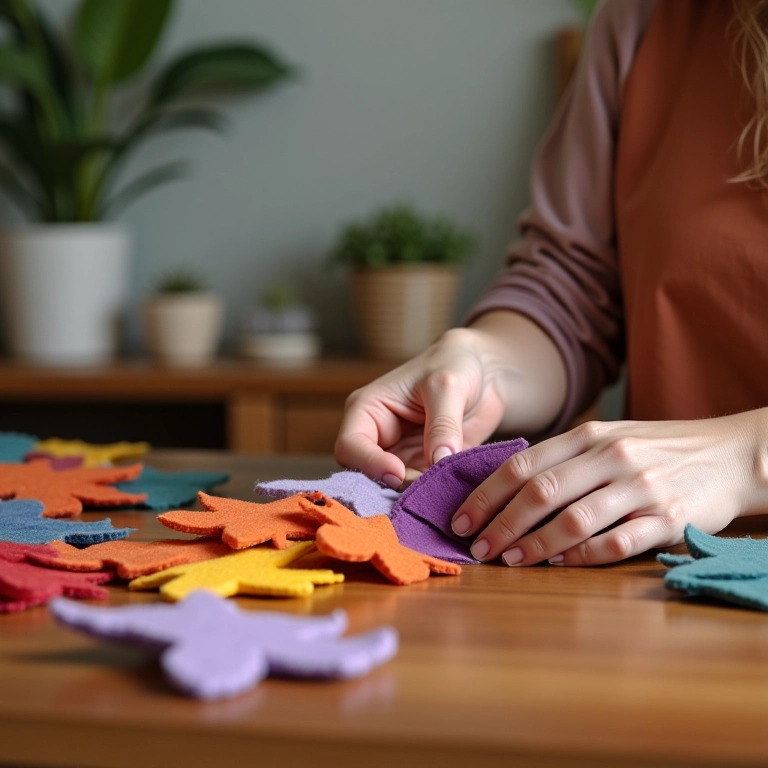 Artesã costurando guirlanda de feltro à mão.
