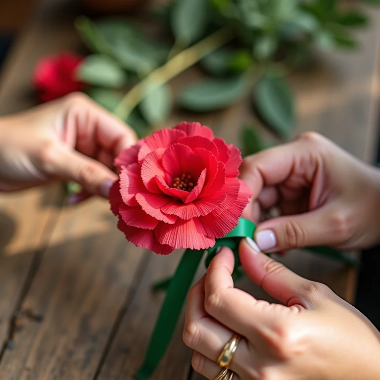 Artesã criando cravo de papel crepom com fita floral