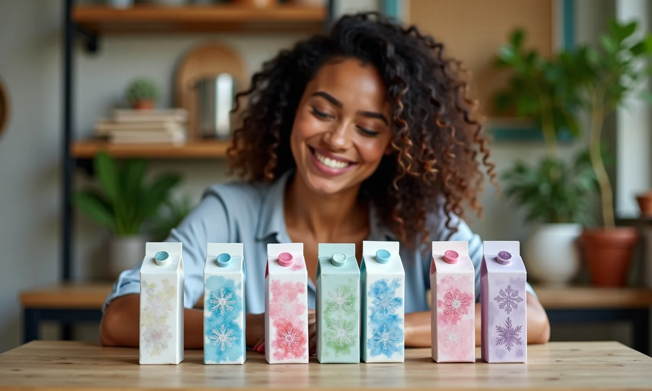 Artesã decorando lembrancinhas da Frozen com caixas de leite.