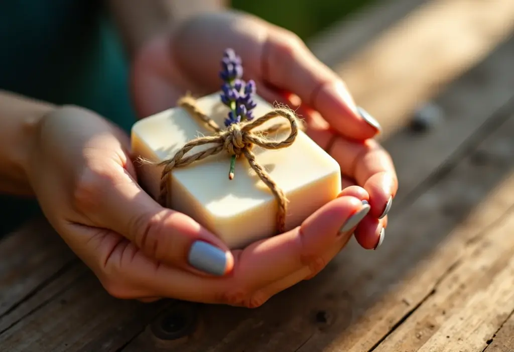 Artesã embrulhando sabonete artesanal como lembrancinha