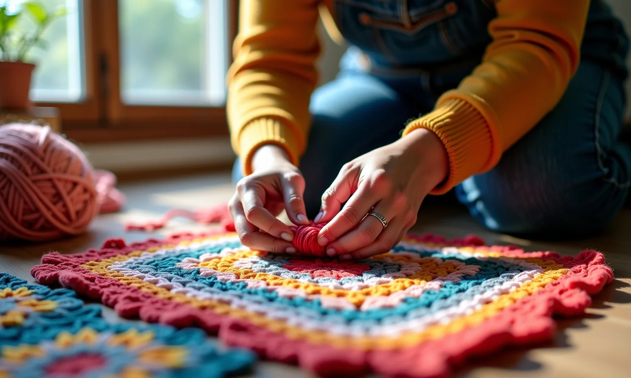 Artesã fazendo tapete de crochê colorido.