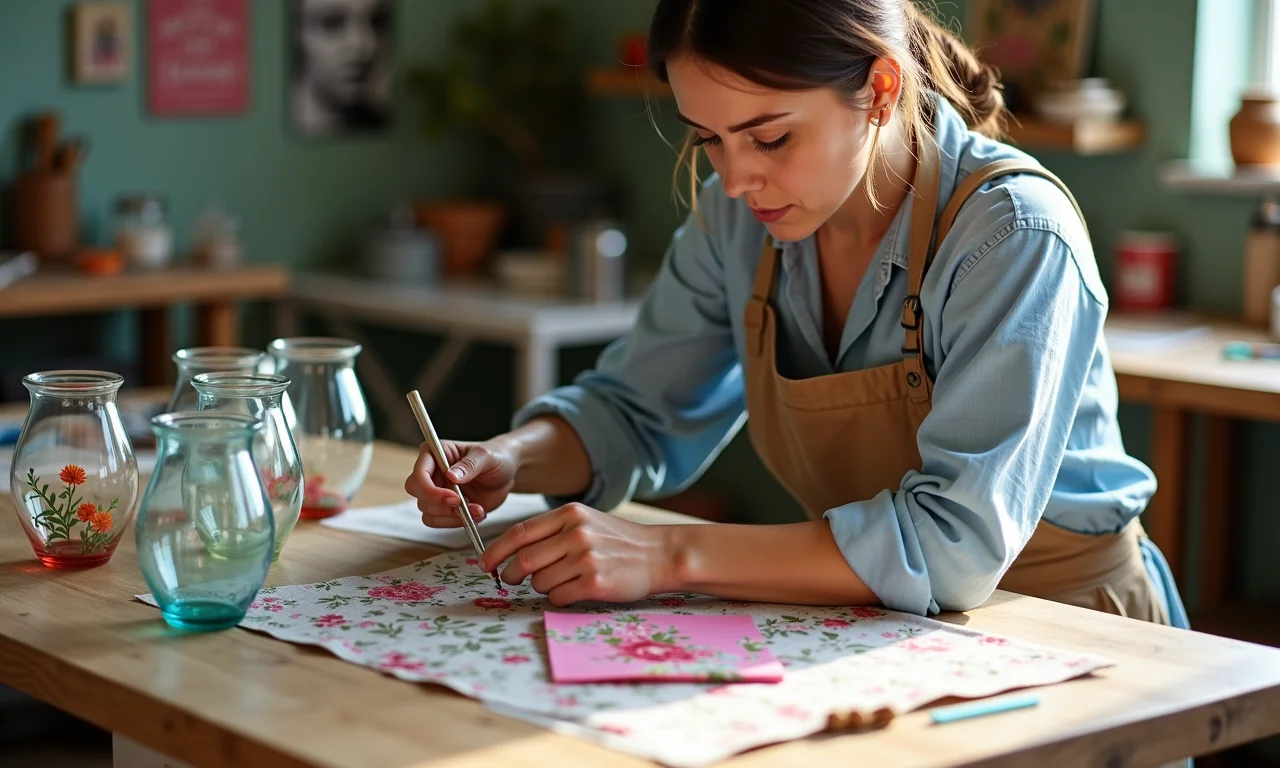 Artesã mostrando suas dicas especiais de decoupage em vidro.