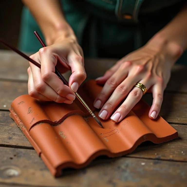Artesã pintando detalhes em telha de barro com pincel fino