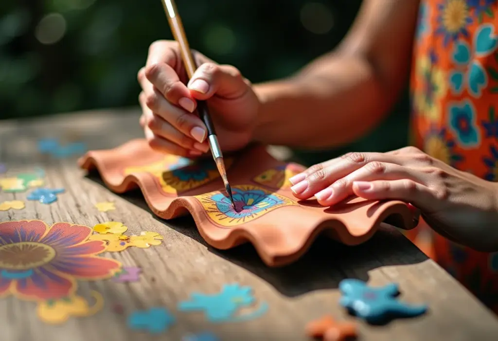 Artesã pintando telha de barro com motivos coloridos