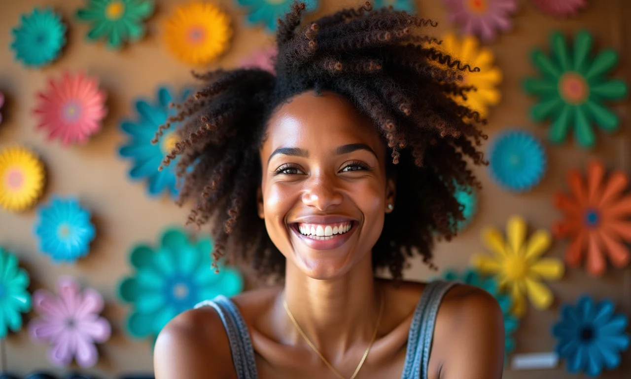 Artesã sorrindo cercada por peças de arte feitas de lata.