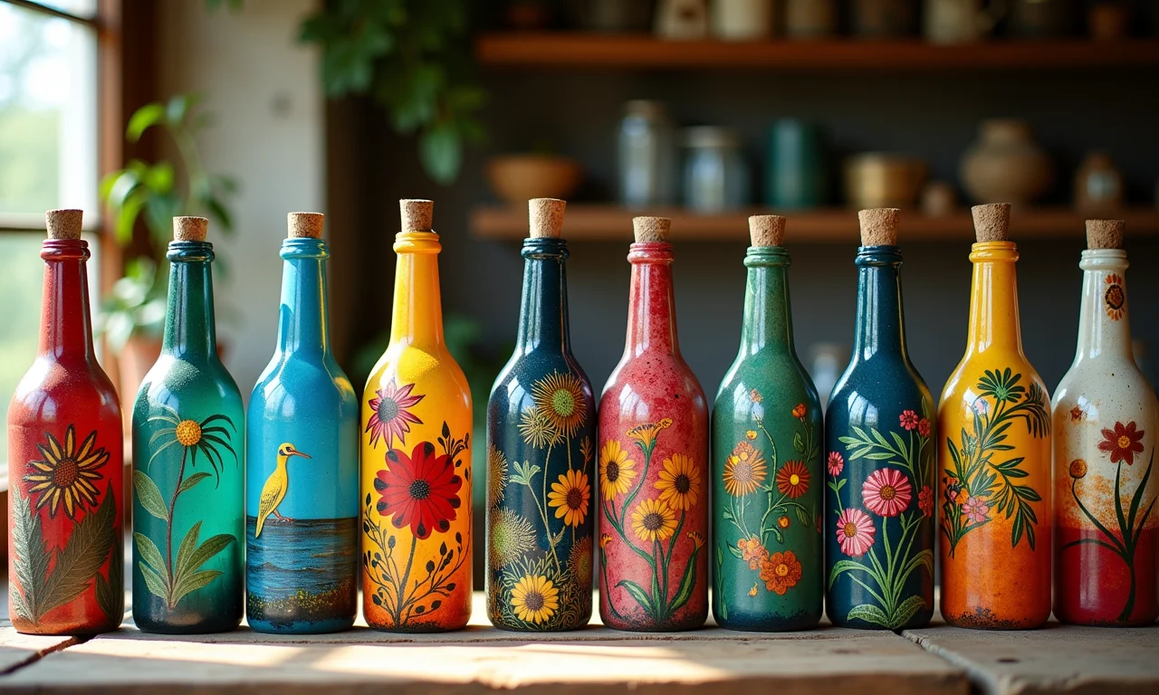 Artesanato com garrafas de vidro coloridas e decoradas.