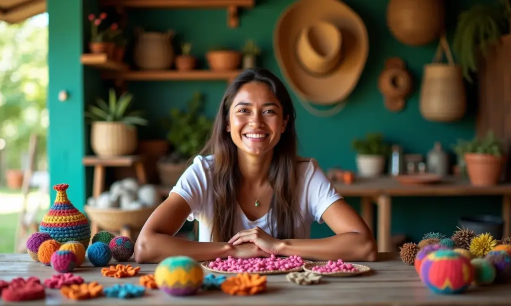 Artesanatos com reciclagem: ideias para sua casa Artesanato com reciclagem: mulher sorrindo exibe peças coloridas.