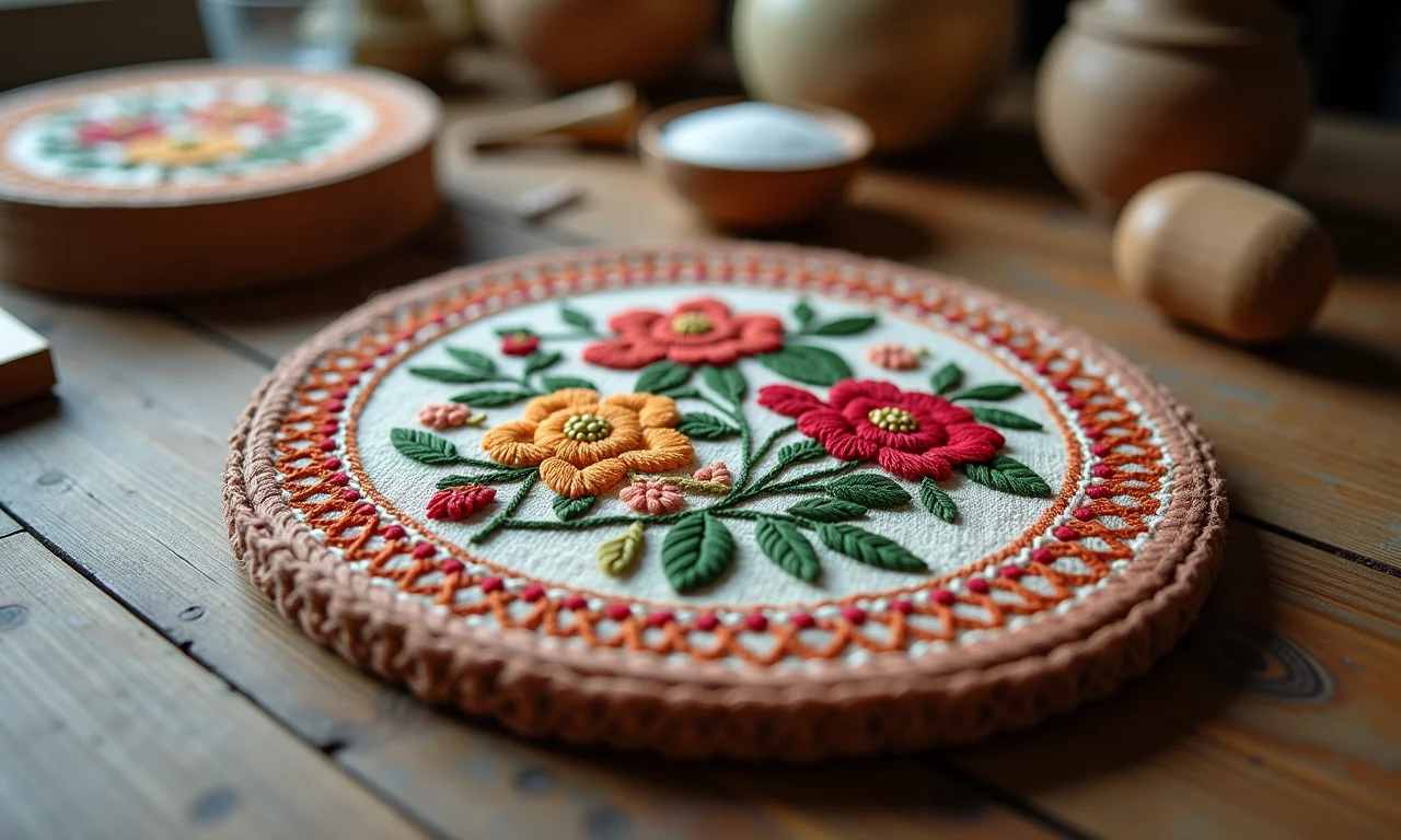 Artesanato em geral bordado com ponto russo sobre mesa de madeira.