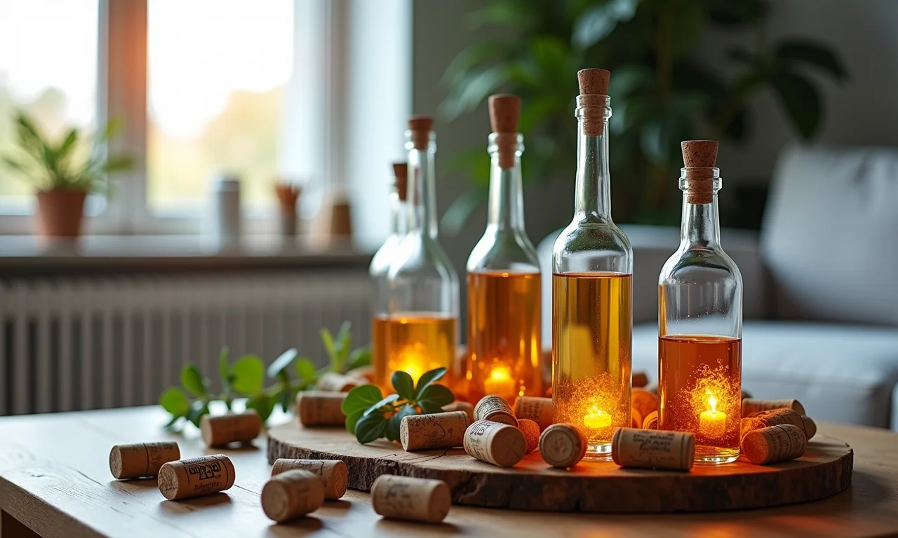 Artesanato feito com garrafas de vidro e rolhas, dispostos em uma mesa de centro.