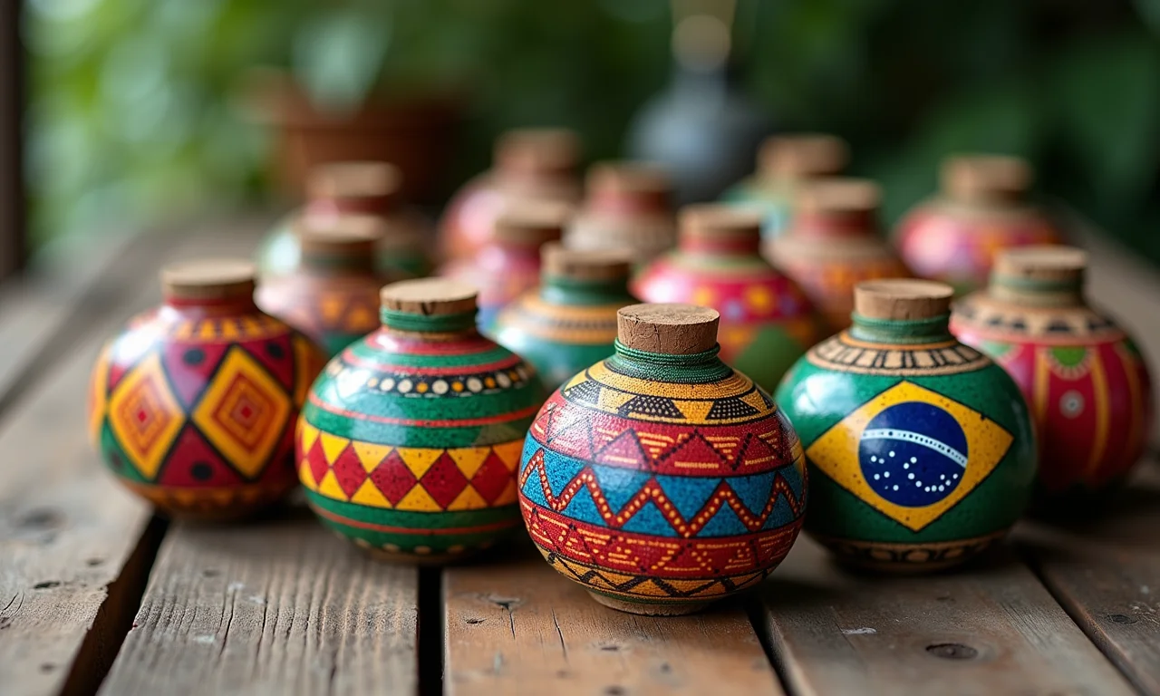 Artesanato local brasileiro como lembrancinhas de casamento em mesa rústica.