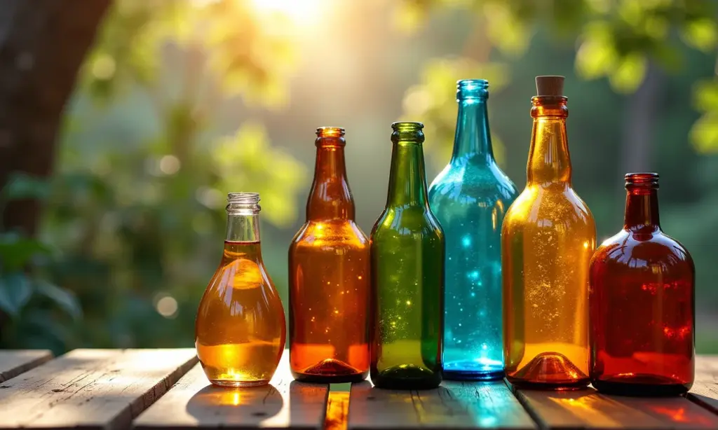 Artesanatos garrafas de vidro: 50 ideias Artesanatos diversos feitos com garrafas de vidro em uma mesa rústica de madeira.