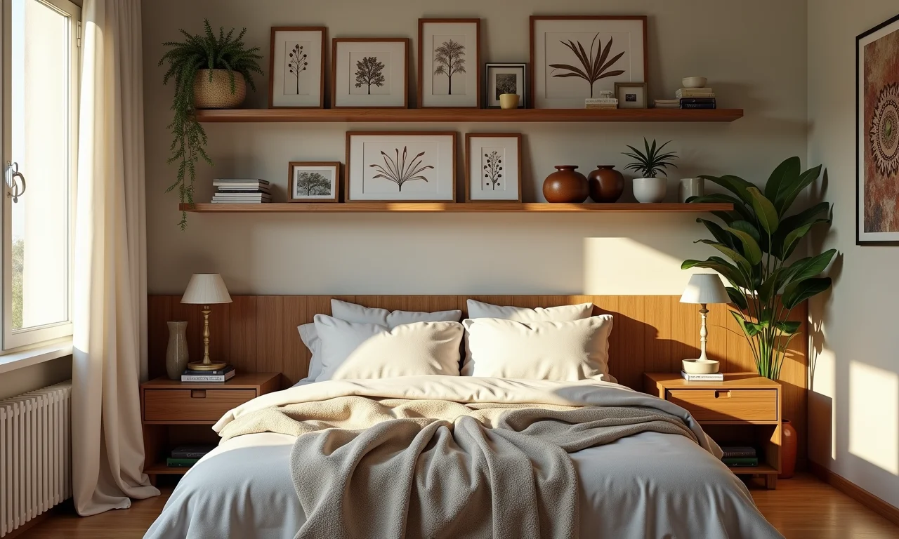 Artesanatos organizados de forma criativa em um quarto.