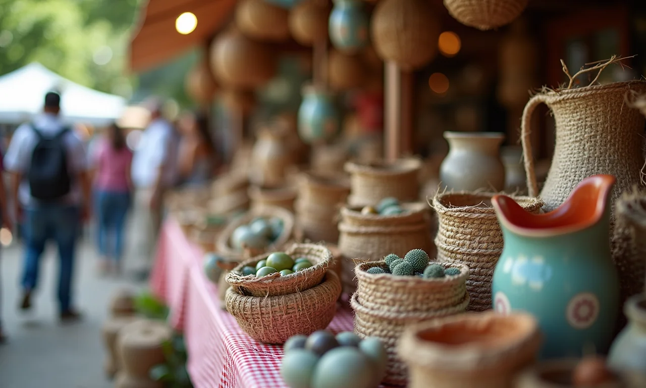Artesanatos reciclados à venda em feira de artesanato.