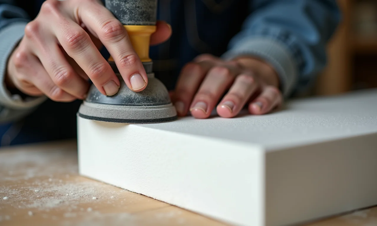 Artesão lixando isopor com lixa fina para acabamento perfeito.