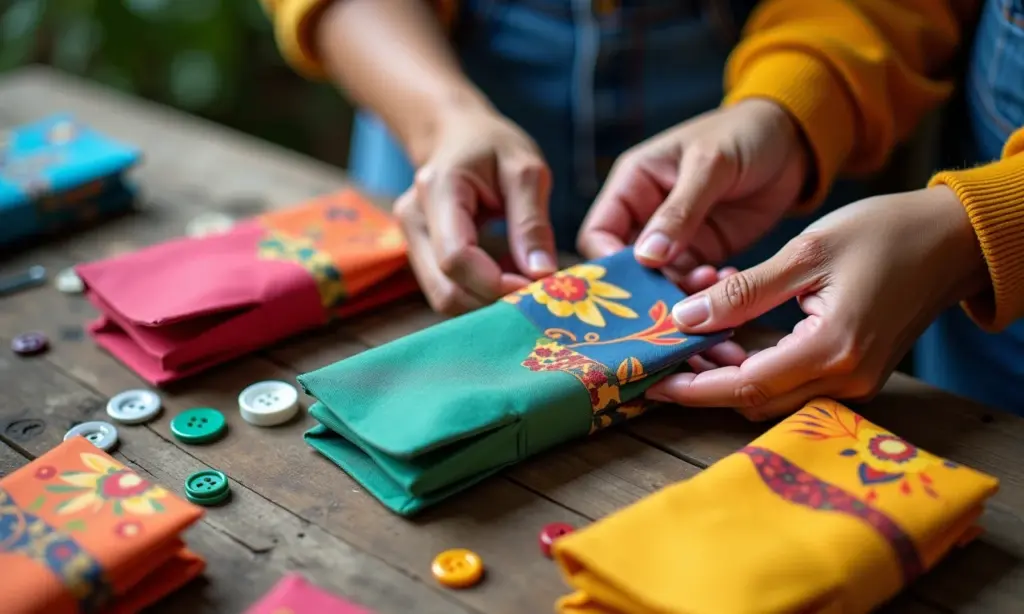 Carteira de caixa de leite: como fazer a sua Artesãs criando carteiras coloridas de caixas de leite, com tecidos vibrantes e botões.