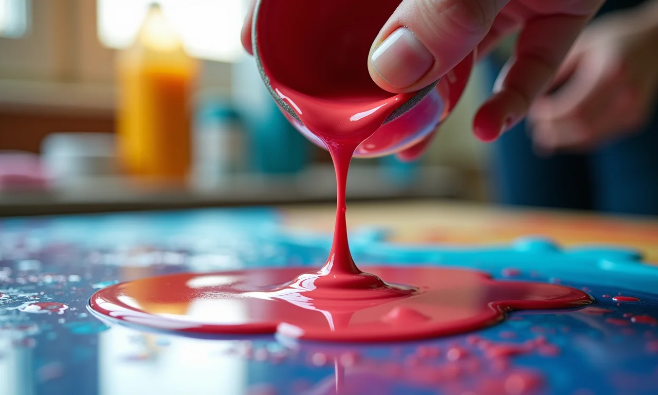 Artista adicionando médium acrílico à tinta para aumentar a fluidez, close-up.