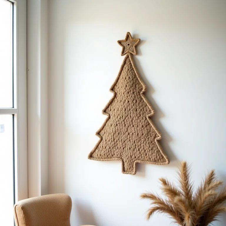 Árvore de Natal de crochê decorando a parede de uma casa brasileira.
