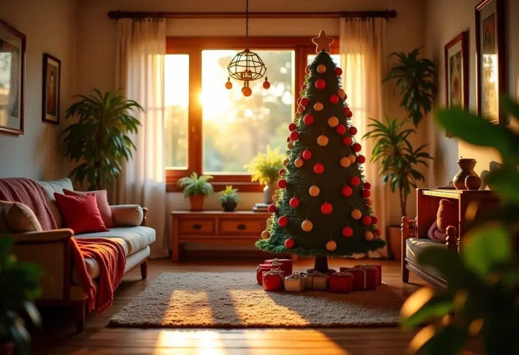 Árvore de Natal de crochê decorando sala de estar brasileira.