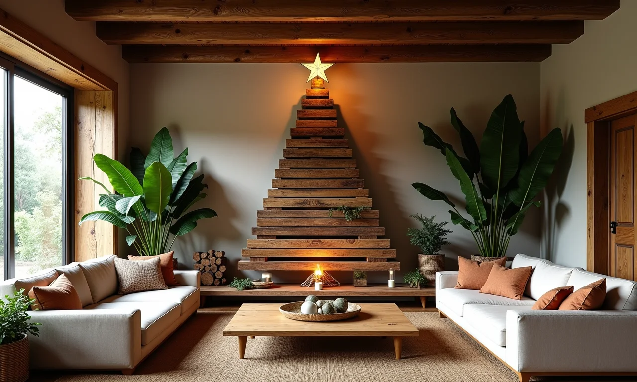 Árvore de Natal feita com paletes de madeira em sala de estar brasileira.