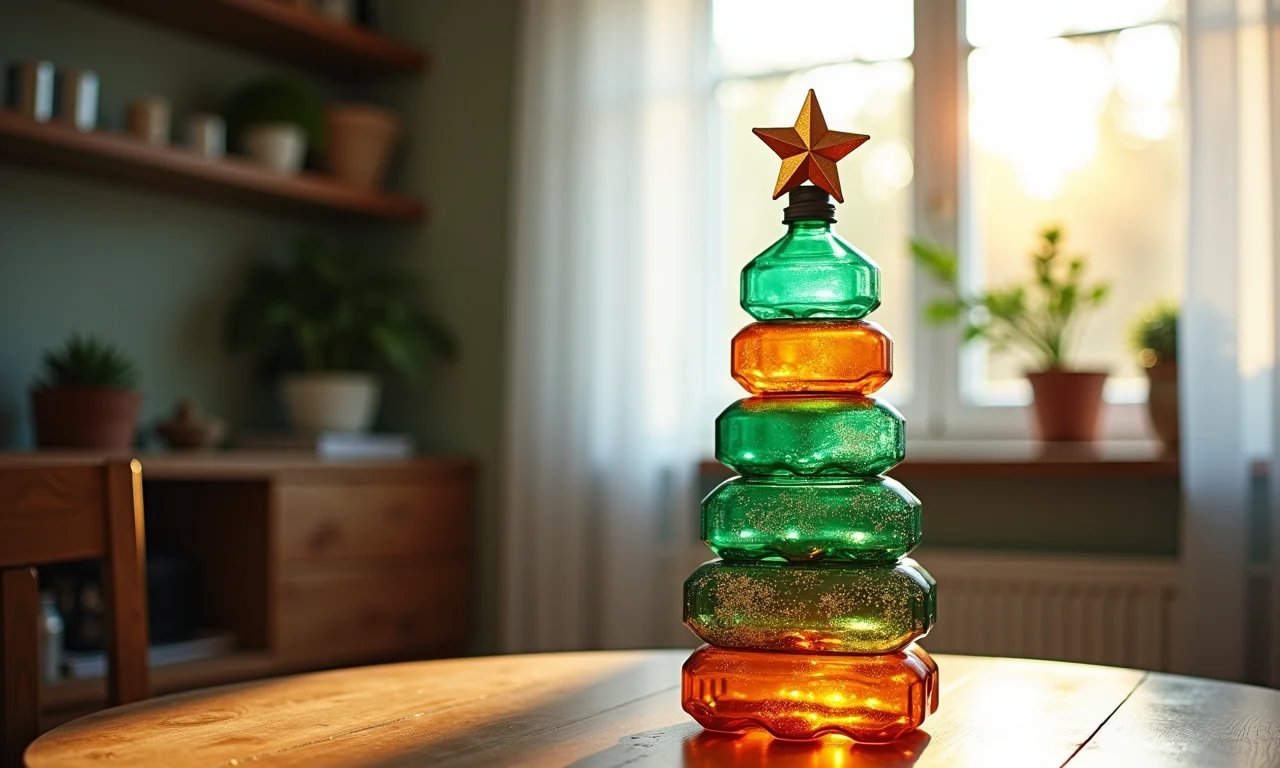 Árvore de Natal feita de garrafas PET decoradas.